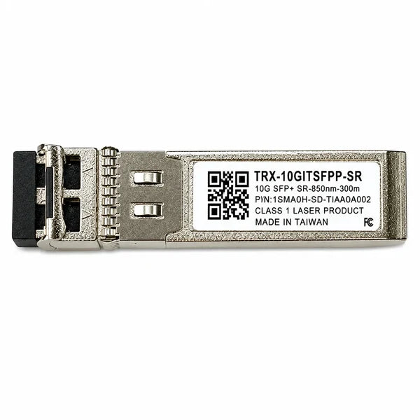 An SFP+ optical module, model TRX-10GITSFPP-SR, featuring a silver metal housing, a black connector plug, and a white label with a QR code and product specifications.