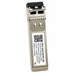An SFP+ optical module, model FRKY-10G1SFP-P-5R, featuring a silver metal housing, a black plastic latch, and a white product label with a QR code and specifications.
