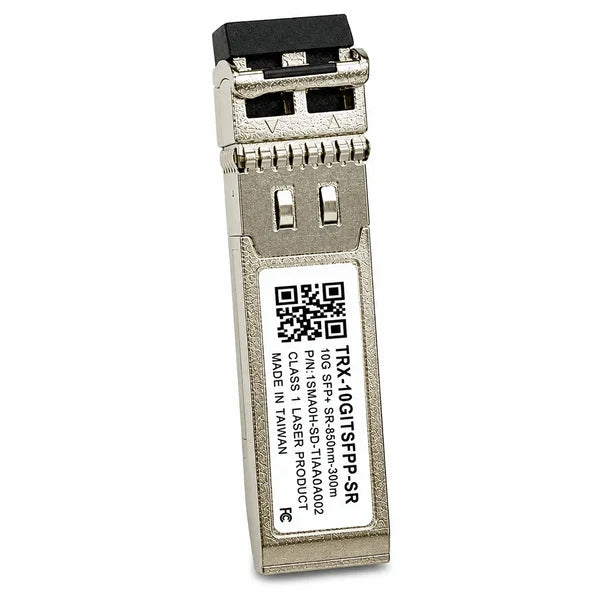 An SFP+ optical module, model FRKY-10G1SFP-P-5R, featuring a silver metal housing, a black plastic latch, and a white product label with a QR code and specifications.