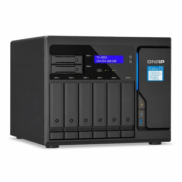 A black QNAP multi-bay network storage server with a front display screen, drive bays, and a blue illuminated status panel, shown on a plain white background.