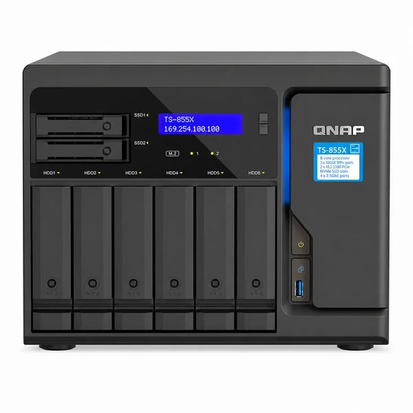 A QNAP TS-885X all-in-one network storage system in matte black, featuring five front bays for drives, a front panel with port indicators, a blue backlit display, and a side panel with a blue sticker.