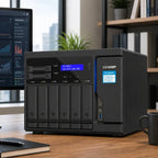 A black ONAP NAS storage server with multiple bays and a blue display screen, placed on a wooden desk in a modern office setting with a computer monitor, plant, and shelves in the background.