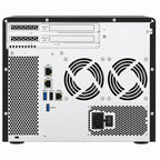 The rear view of a white and black desktop computer tower, showing dual fans, ports for LAN, USB 3.0, and USB 3.