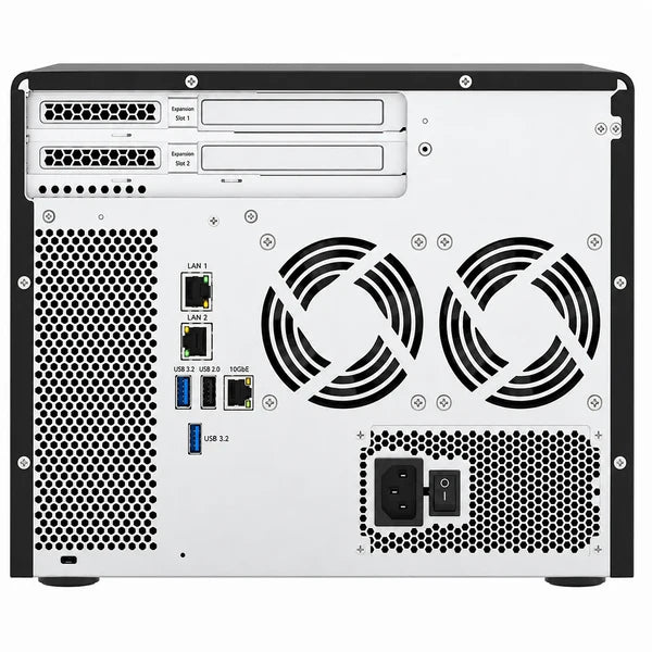 The rear view of a white and black desktop computer tower, showing dual fans, ports for LAN, USB 3.0, and USB 3.