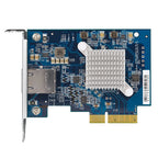 Computer network adapter card with blue circuit board on a white background