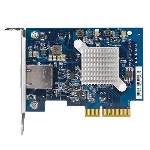 Computer network adapter card with blue circuit board on a white background