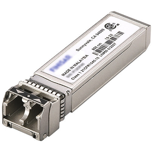 An SFP optical transceiver module with a silver metal housing, a white product label, and an open RJ45 port on a plain white background.