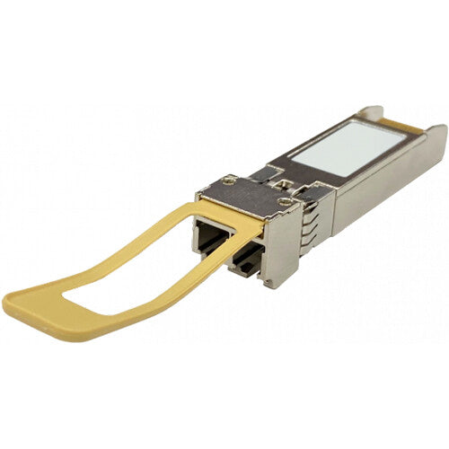 An SFP optical module with a yellow latch and a silver metal housing, shown on a plain white background.