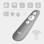 Logitech wireless presenter with icons for different operating systems on a light gray background