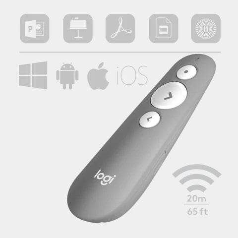 Logitech wireless presenter with icons for different operating systems on a light gray background