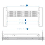 Technical dimension diagram of a server rack or storage enclosure, showing front and side views with labeled measurements in inches and millimeters.