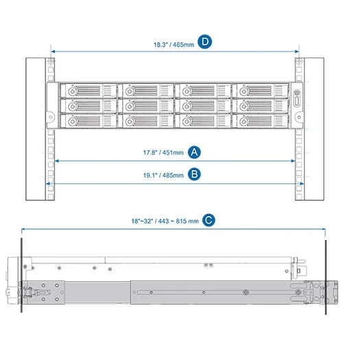 Technical dimension diagram of a server rack or storage enclosure, showing front and side views with labeled measurements in inches and millimeters.