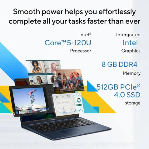 A promotional graphic for a dark blue Lenovo ThinkPad laptop showing its specs: Intel Core 5-120U processor, integrated Intel graphics, 8 GB DDR4 memory, and 512GB PCIe 4.0 SSD storage, with multiple screens displayed on a white background with blue and yellow accents.