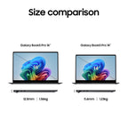 Size comparison chart showing two Galaxy Book5 Pro laptop models side by side: a 16-inch model and a 14-inch model, with dimensions and weights labeled below each laptop on a white background.