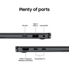 A technical product diagram showing the side ports of a slim dark gray laptop on a white background, with labels pointing to MicroSD, Type-A USB 3.2, 3.