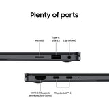 A technical product diagram showing the side ports of a slim dark gray laptop on a white background, with labels pointing to MicroSD, Type-A USB 3.2, 3.