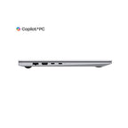 A silver laptop shown from the side on a white background, with the Copilot+PC logo above it.