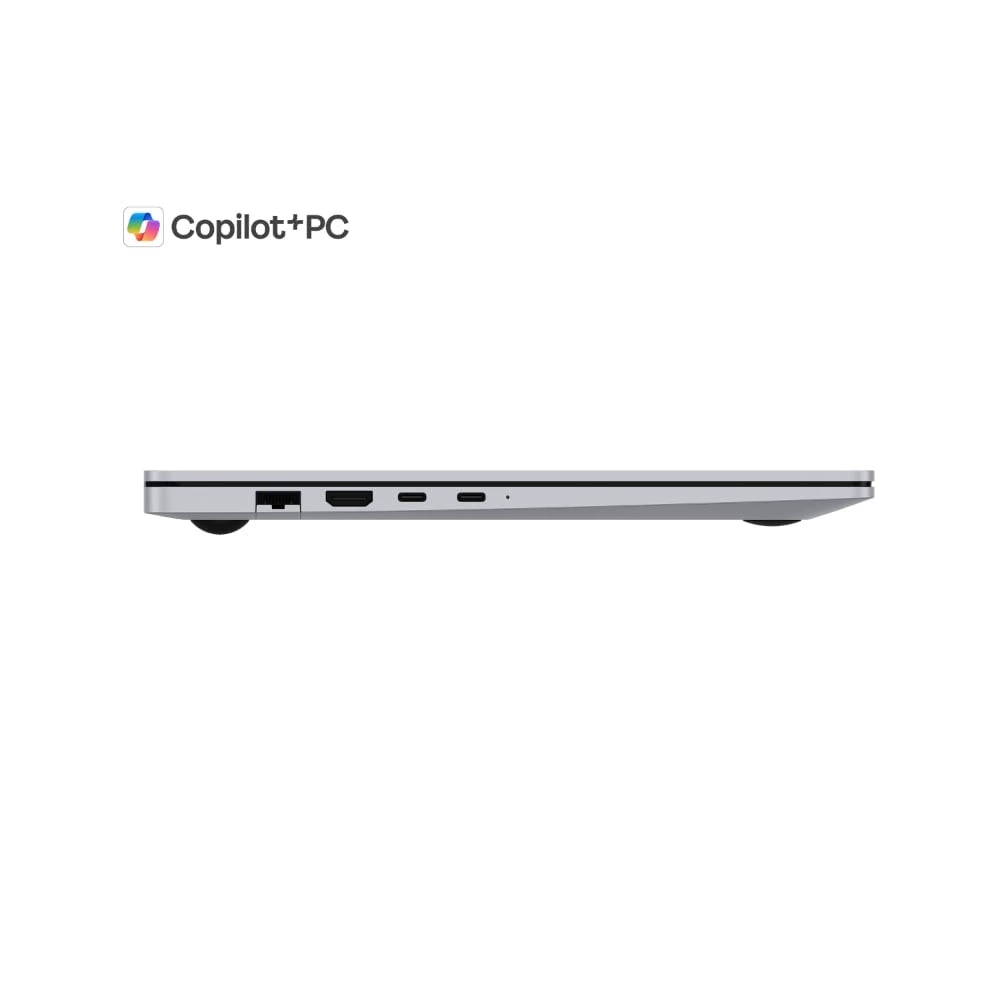 A silver laptop shown from the side on a white background, with the Copilot+PC logo above it.
