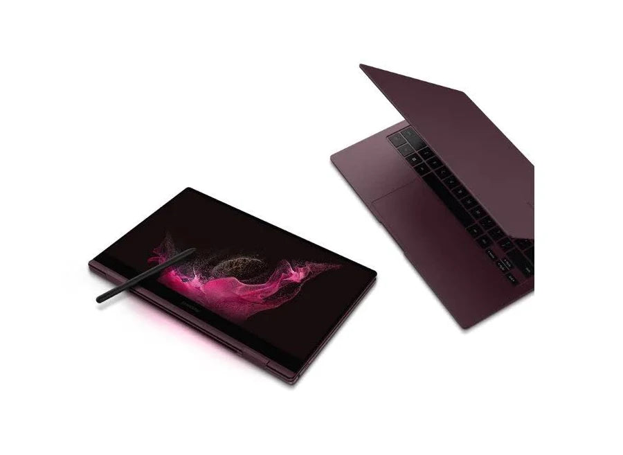 A dark plum-colored tablet shown closed with a stylus resting on its screen, alongside an open view of the same device showing its keyboard and screen bezel, on a clean white background.