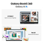 Promotional graphic for the Samsung Galaxy Book5 360 with Galaxy AI, showing two laptop mockups with colorful AI-powered app screens and text reading 'AI Select' and 'Recall' on a light gray background.