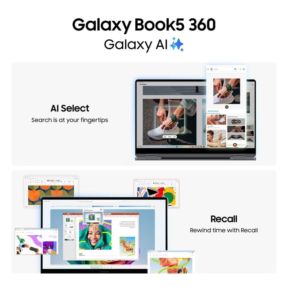 Promotional graphic for the Samsung Galaxy Book5 360 with Galaxy AI, showing two laptop mockups with colorful AI-powered app screens and text reading 'AI Select' and 'Recall' on a light gray background.
