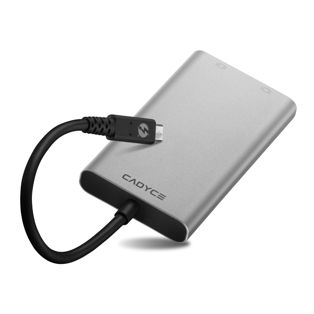 Cadyce CA‑T3DP Thunderbolt 3 to Dual DisplayPort Adapter – close‑up of ports, file name t3dp c