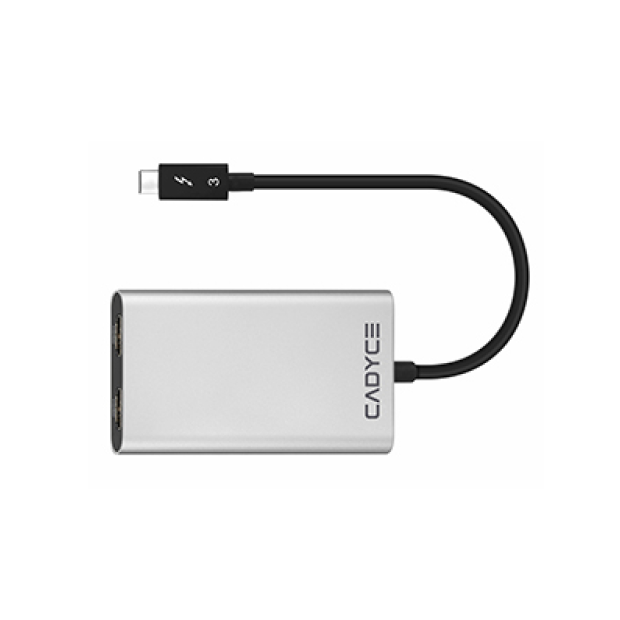 Cadyce CA‑T3HD Thunderbolt™ 3 to Dual HDMI Adapter shown in view a, emphasizing compact design and connector