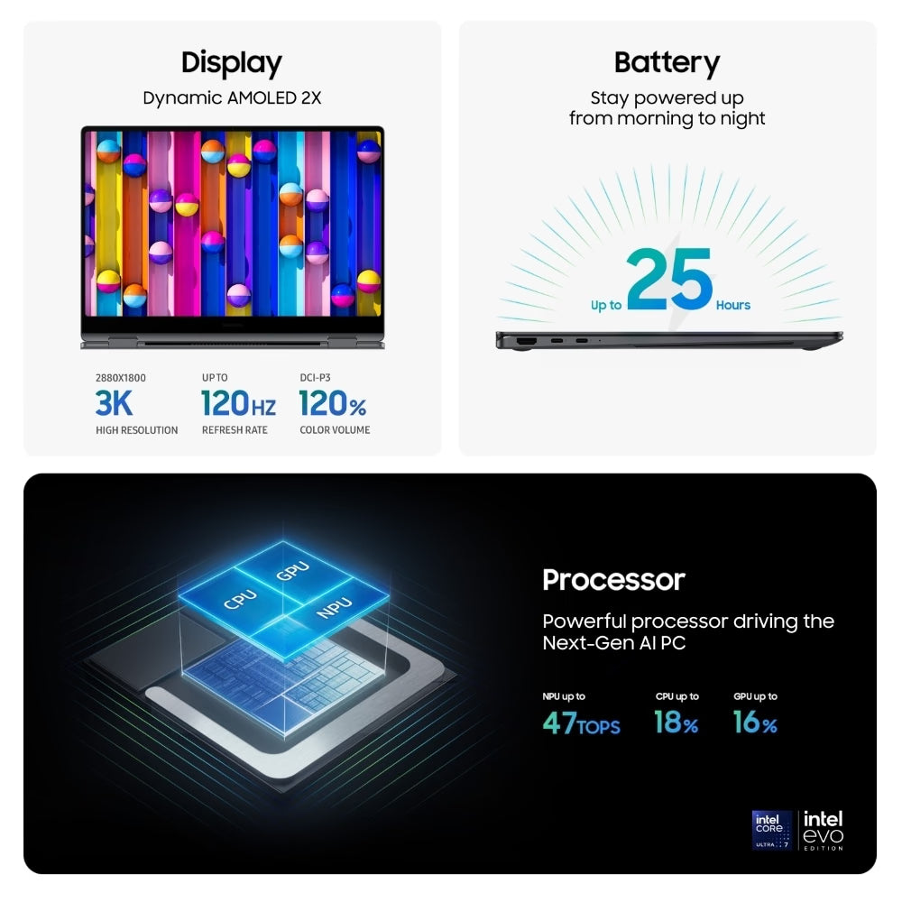 A Samsung Galaxy Book5 Pro 360 laptop in dark gray, shown open with its screen on and a black stylus resting on the right side of the display. The screen features the text 'Galaxy Book5 Pro 360' over a colorful abstract wallpaper.
