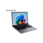 A gray laptop shown open at an angle on a white background, with the Copilot+PC logo above it. The screen displays a colorful abstract wallpaper.