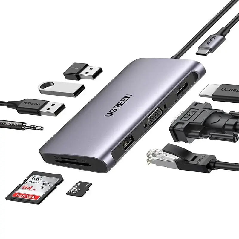 UGREEN 10-in-1 USB C Docking Station Ethernet 4K HDMI VGA PD Power 3 USB 3.0 USB C 3.5mm SD/TF MacBook Windows (80133)