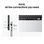 A product informational graphic showing the ports of a silver laptop. The left side features a close-up of the laptop's side profile with labels pointing to MicroSD, Type-C USB 3.