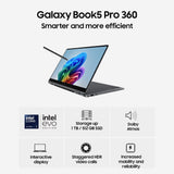 Promotional graphic for the Samsung Galaxy Book5 Pro 360 laptop, showing the open laptop with a stylus on a light gray background. Text highlights features such as being smarter and more efficient, 1 TB / 512 GB SSD storage, Dolby Atmos, interactive display, staggered HDR video calls, and increased mobility and reliability.
