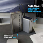 Two portable power banks displayed on a desk in front of a computer monitor, with promotional text overlays highlighting their 20,000 mAh capacity and 65W/100W power output.