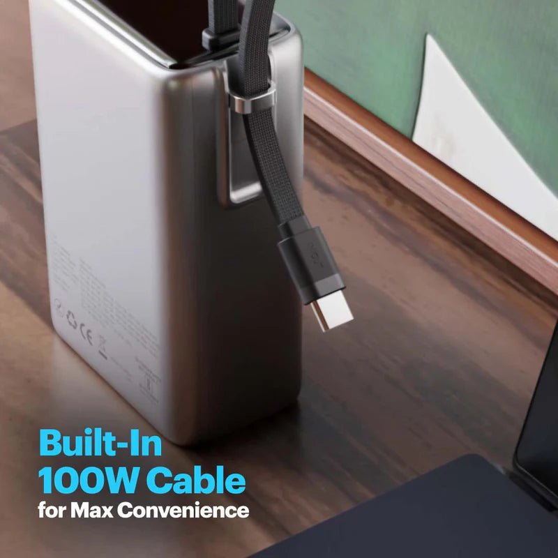 Power bank with built-in cable on a wooden surface