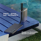 A portable rectangular power bank in brushed silver metal stands on a blue poolside table, connected to a dark smartphone. Text on the image says it supports Samsung Super Fast Charging 2.