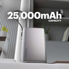 A silver portable power bank sits on a white surface in a modern indoor setting, with large overlaid text reading '25,000mAh CAPACITY' and a small visible 'stuftool' logo on the front.