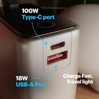 Close-up of a portable charger with overlaid text pointing out a 100W Type-C port and an 18W USB-A port, plus a note about fast charging and travel lights.
