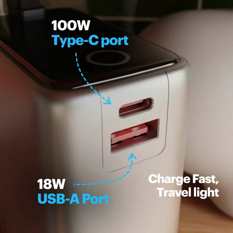 Close-up of a portable charger with overlaid text pointing out a 100W Type-C port and an 18W USB-A port, plus a note about fast charging and travel lights.