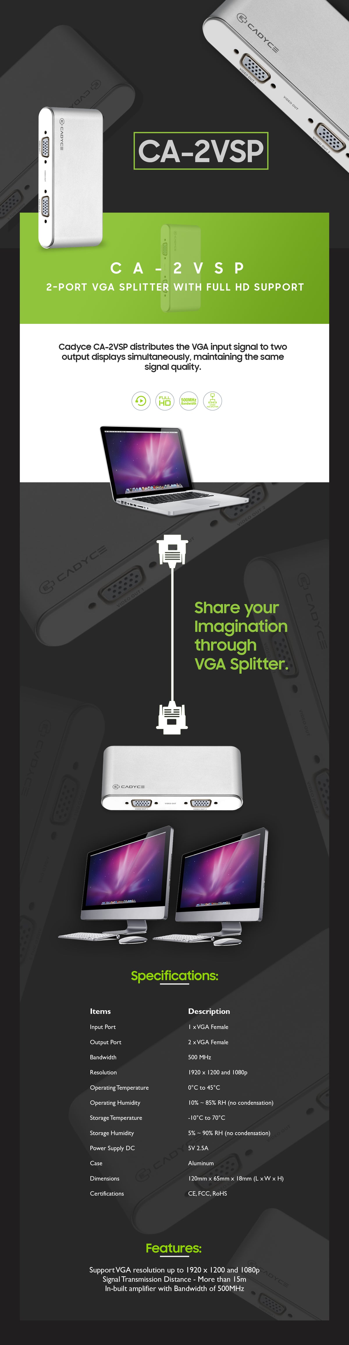 CADYCE CA-2VSP 2‑Port VGA Splitter displayed on Suntronix website product page