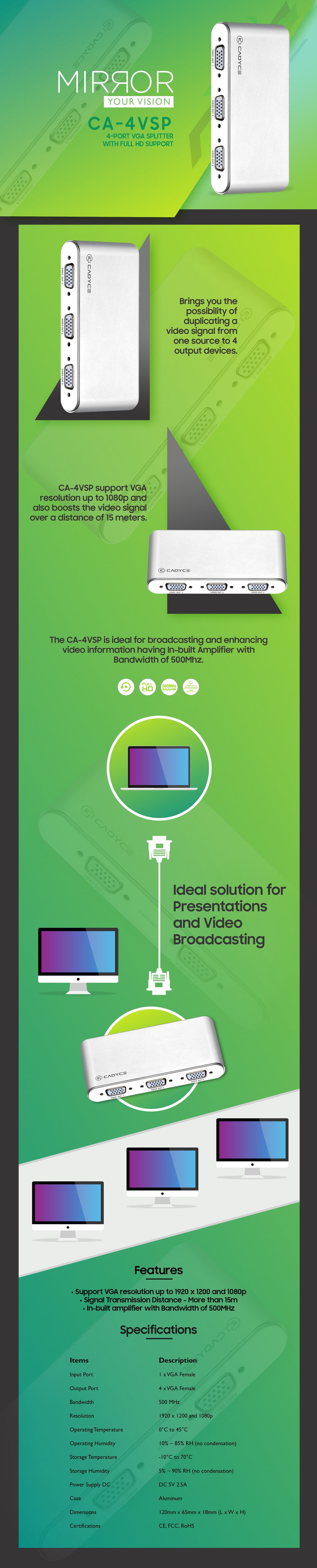 CADYCE CA-4VSP 4‑Port VGA Splitter displayed in website layout with compact dimensions