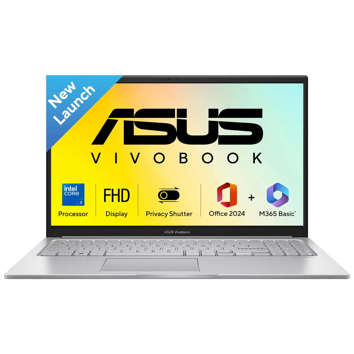 ASUS Vivobook laptop shown open on a white background, with a bright yellow-to-blue gradient screen displaying ASUS branding and feature icons.