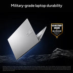 A silver laptop shown at an angle on a dark textured background with the headline 'Military-grade laptop durability' and a gold US Military Grade badge. No person or real environment is present, so this is Product/Packaging rather than Lifestyle.