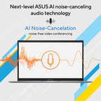 Laptop with sound wave graphics on screen, promoting ASUS AI noise-canceling audio technology.