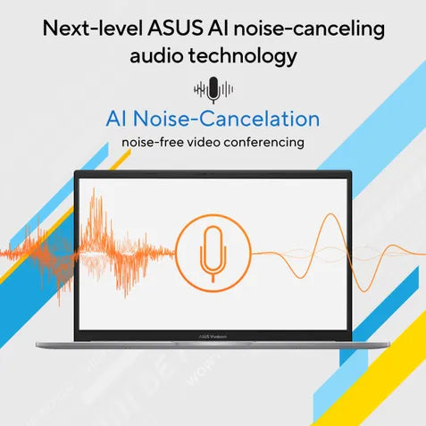 Laptop with sound wave graphics on screen, promoting ASUS AI noise-canceling audio technology.