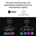 Advertisement for ASUS Audio Booster with Dirac technology on a laptop, showing sound quality improvement.