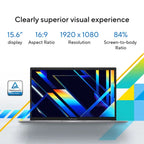 A laptop shown on a clean white background with marketing text highlighting a 15.6-inch display, 16:9 aspect ratio, 1920 x 1080 resolution, and 84% screen-to-body ratio.