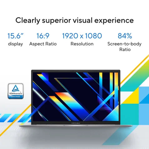 A laptop shown on a clean white background with marketing text highlighting a 15.6-inch display, 16:9 aspect ratio, 1920 x 1080 resolution, and 84% screen-to-body ratio.