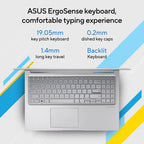 ASUS ErgoSense keyboard promotional graphic showing an open silver laptop with a close-up of the keyboard and key travel details, with text highlighting features like 19.05mm key pitch, 0.