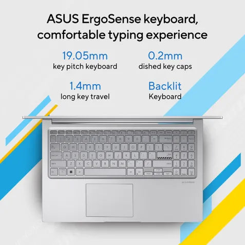 ASUS ErgoSense keyboard promotional graphic showing an open silver laptop with a close-up of the keyboard and key travel details, with text highlighting features like 19.05mm key pitch, 0.