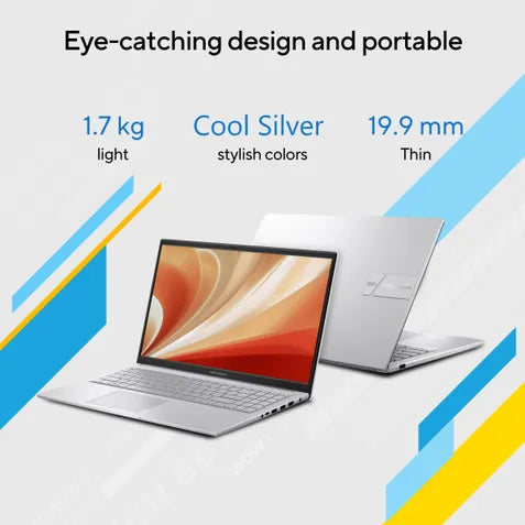 Laptop with text highlighting features like weight, color, and thickness on a white background